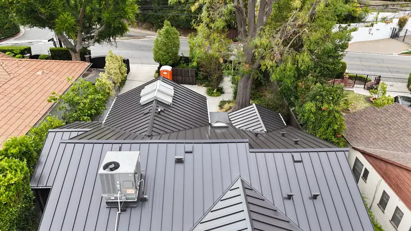 Aerial view of a dark standing seam metal roof surrounded by mature trees
